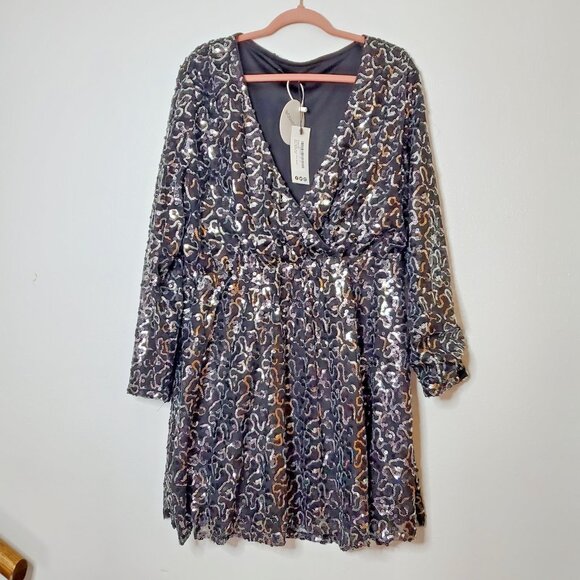 Boohoo Plus Size 16 Dress Felicity Sequin Wrap Skater Black - Picture 3 of 10